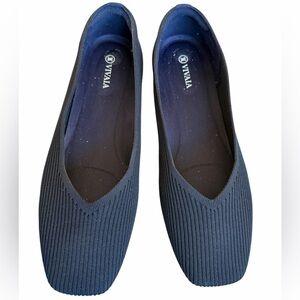 Women's Navy Knit Slip-On Flats Lightweight Square-Toe V-Cut Shoes, Vivaia US 11